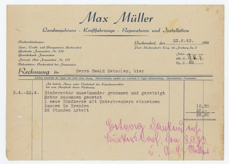 Ewald Geißler, Gutsbesitzeran Max Müller, Landmaschinen- Rechnung - 23.06.1943