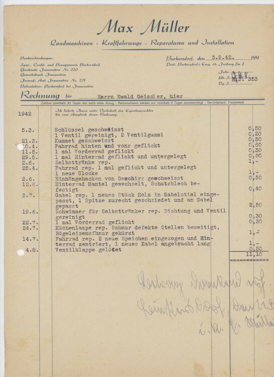 Ewald Geißler, Gutsbesitzeran Max Müller, Landmaschinen- Rechnung - 03.09.1942