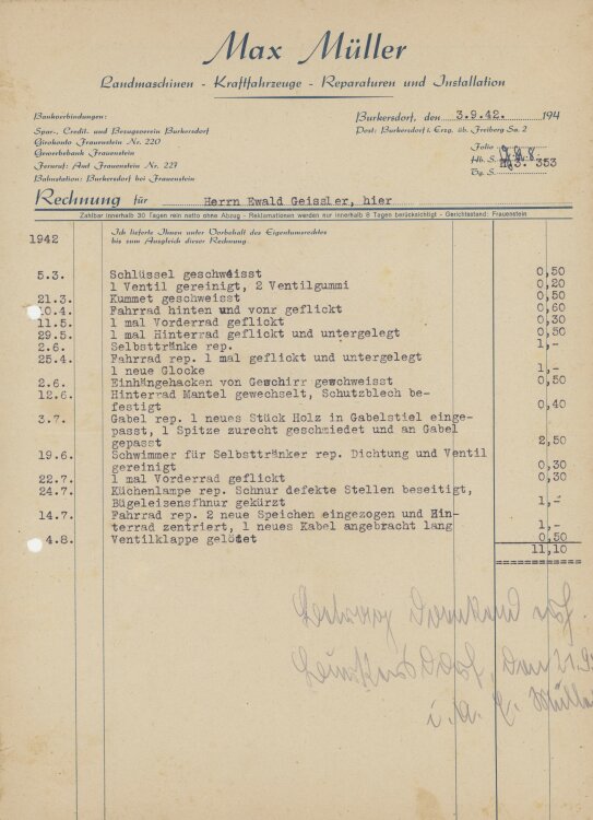 Ewald Geißler, Gutsbesitzeran Max Müller, Landmaschinen- Rechnung - 03.09.1942