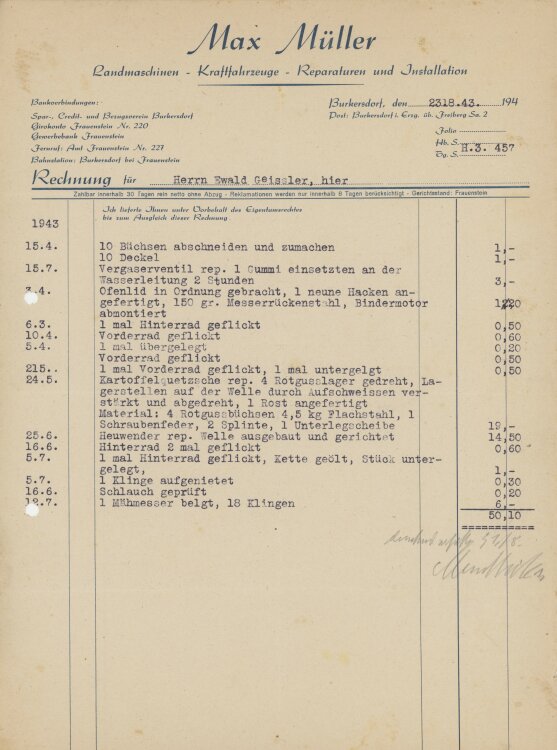 Ewald Geißler, Gutsbesitzeran Max Müller, Landmaschinen- Rechnung - 23.08.1943