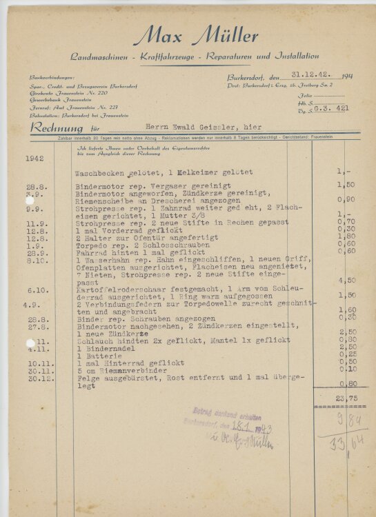 Ewald Geißler, Gutsbesitzeran Max Müller, Landmaschinen- Rechnung - 31.12.1942