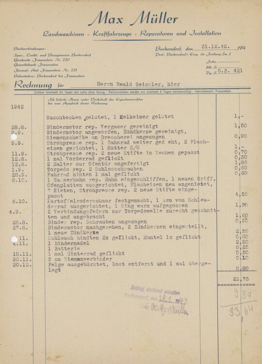 Ewald Geißler, Gutsbesitzeran Max Müller, Landmaschinen- Rechnung - 31.12.1942
