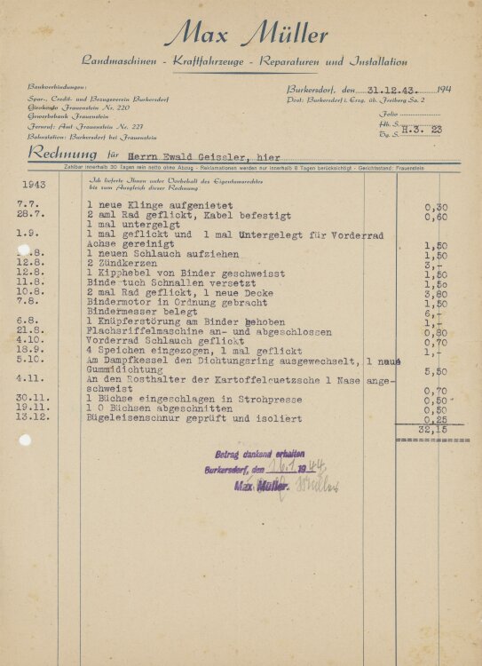 Ewald Geißler, Gutsbesitzeran Max Müller, Landmaschinen- Rechnung - 31.12.1943