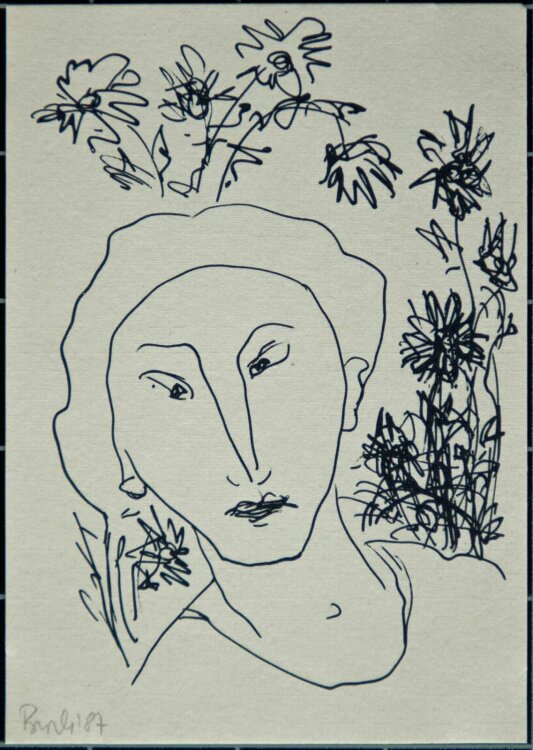 Regina Buch - Frauenporträt mit Blumen - 1987 - Algrafie