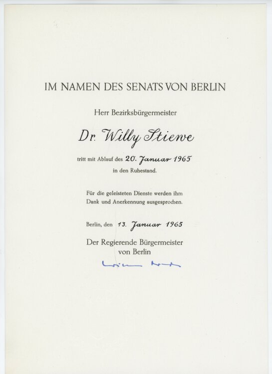 Willy Brandt - Ruhestandsurkunde - 13.01.1965