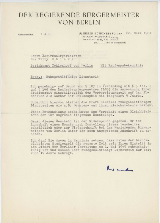 Willy Brandt - Dienstzeitanrechnung - 22.03.1961