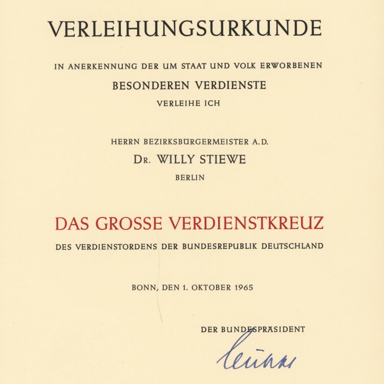 Heinrich Lübke - Verleihungsurkunde Grosses...