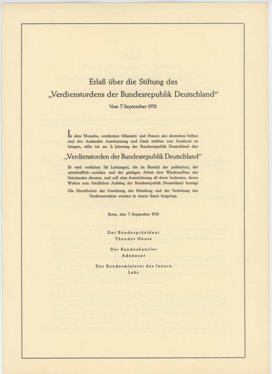 Heinrich Lübke - Verleihungsurkunde Grosses Verdienstkreuz - 01.10.1965