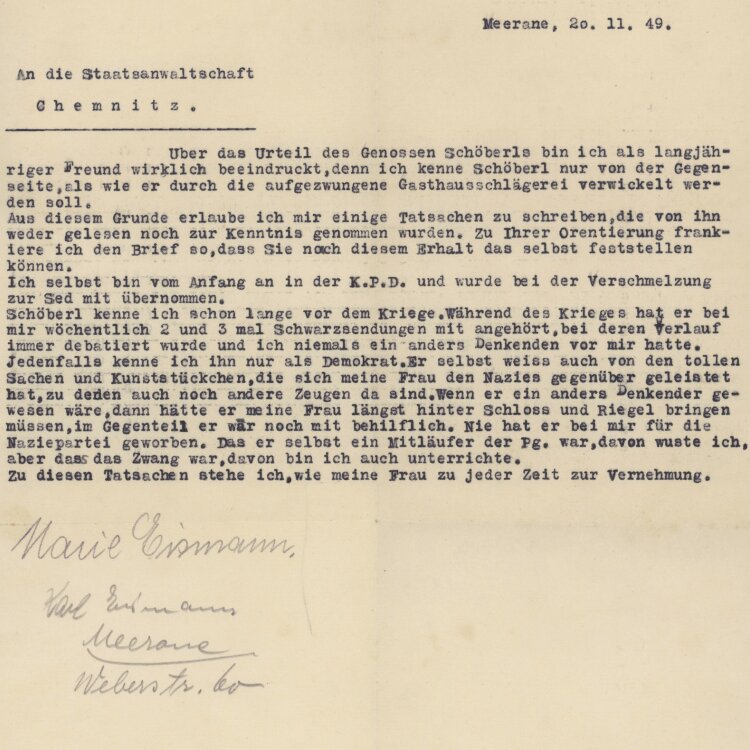 Karl Eismann - Brief - 20.11.1949