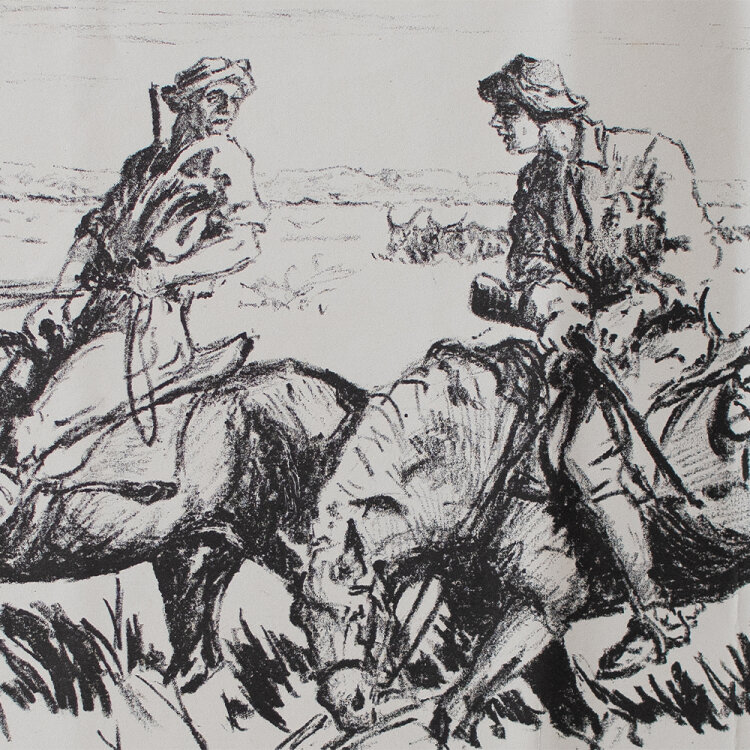 unbekannt - Reiter mit Pferden - undatiert - Lithografie