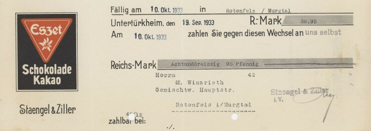 Staengel & Ziller - Prima-Wechsel - 19.09.1933