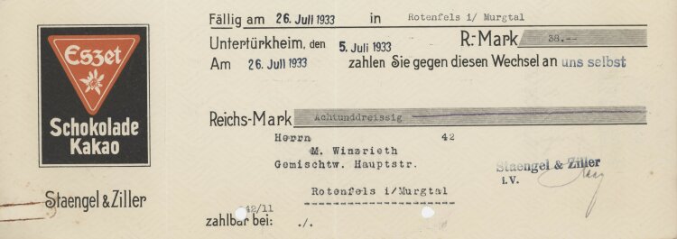 Staengel & Ziller - Prima-Wechsel - 26.07.1933