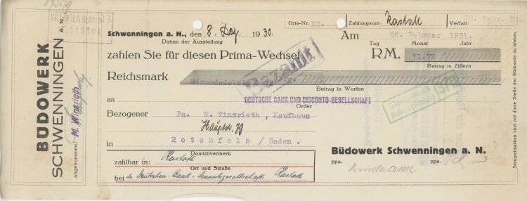 Büdowerk - Prima-Wechsel - 08.12.1930