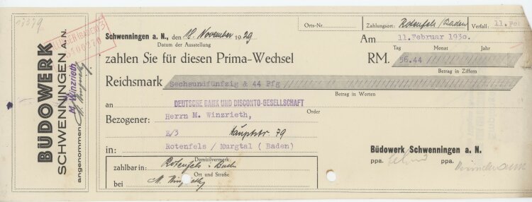 Büdowerk - Prima-Wechsel - 11.02.1930