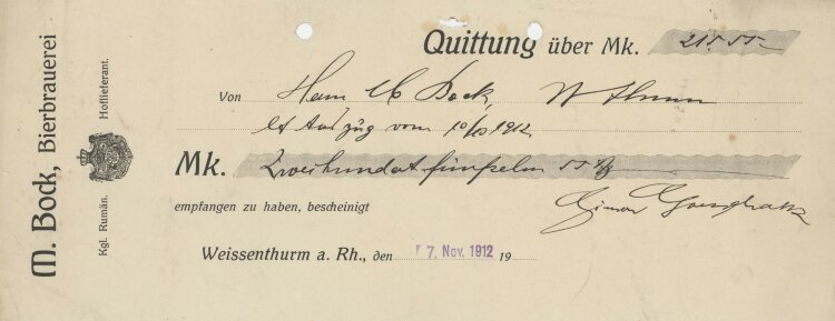 Martin Bock Bierbrauer - Quittung - 07.11.1923