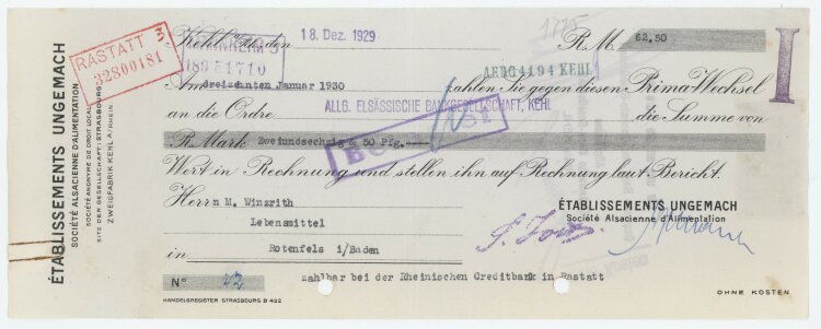 Établissements Ungemach Société alsacienne d´Alimentation - Prima-Wechsel - 18.12.1929