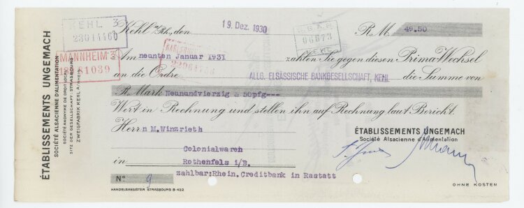 Établissements Ungemach Société alsacienne d´Alimentation - Prima-Wechsel - 19.12.1930