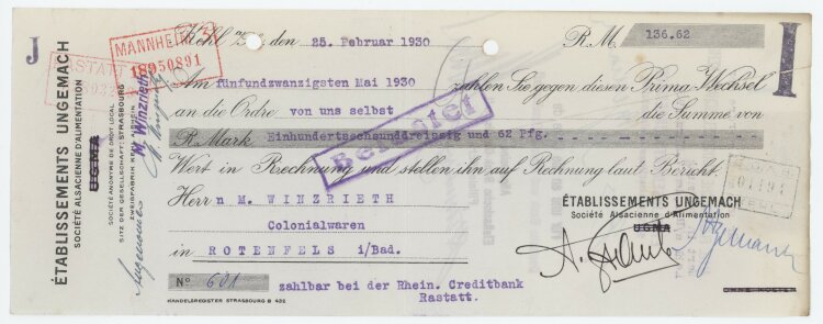 Établissements Ungemach Société alsacienne d´Alimentation - Prima-Wechsel - 25.02.1930