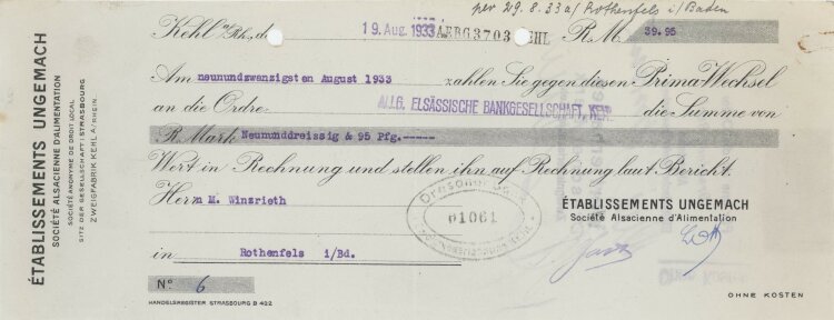 Établissements Ungemach Société alsacienne d´Alimentation - Prima-Wechsel - 19.08.1933