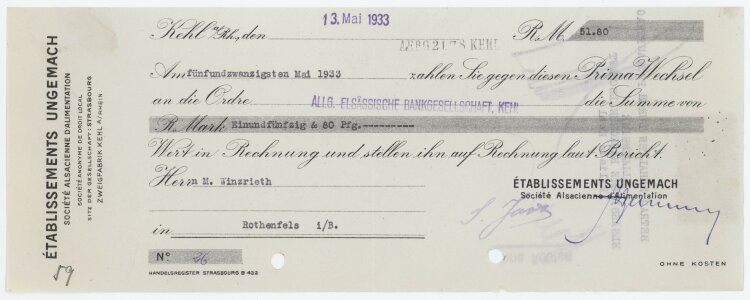 Établissements Ungemach Société alsacienne d´Alimentation - Prima-Wechsel - 13.05.1933