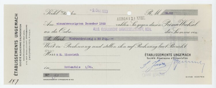 Établissements Ungemach Société alsacienne d´Alimentation - Prima-Wechsel - 09.12.1933