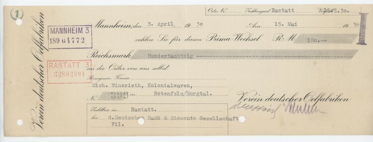 Verein deutscher Oelfabriken - Prima-Wechsel - 03.03.1930