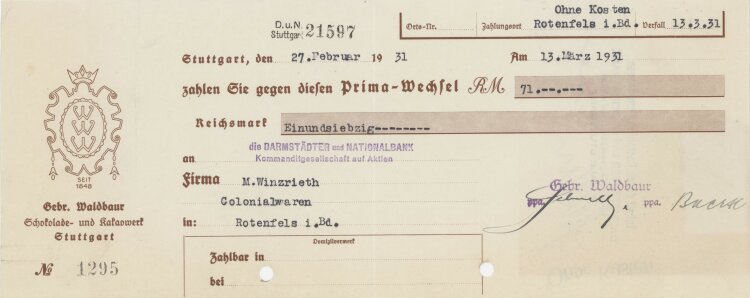 Gebrüder Waldbaur Schakalade- und Kakaowerk - Prima-Wechsel - 27.02.1931