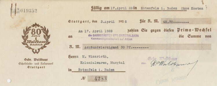 Gebrüder Waldbaur Schakalade- und Kakaowerk - Prima-Wechsel - 03.04.1928