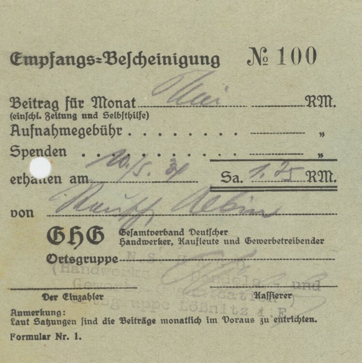 Gesamtverband Deutscher Handwerker, Kaufleute und Gewerbetreibender - Quittung - 10.05.1934