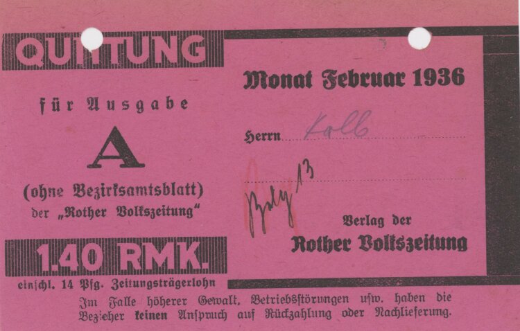 Rother Volkszeitung - Quittung - 02.1936