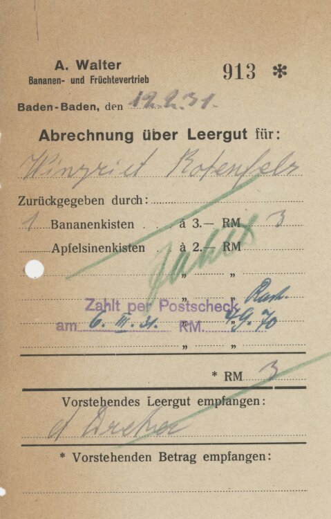 Firma M. Winzrieth (Kaufhaus)an A. Walter Bananen und Früchtevertrieb- Abrechnng - 12.02.1931