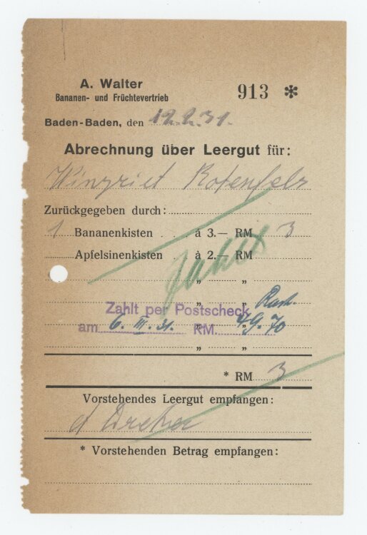 Firma M. Winzrieth (Kaufhaus)an A. Walter Bananen und Früchtevertrieb- Abrechnng - 12.02.1931