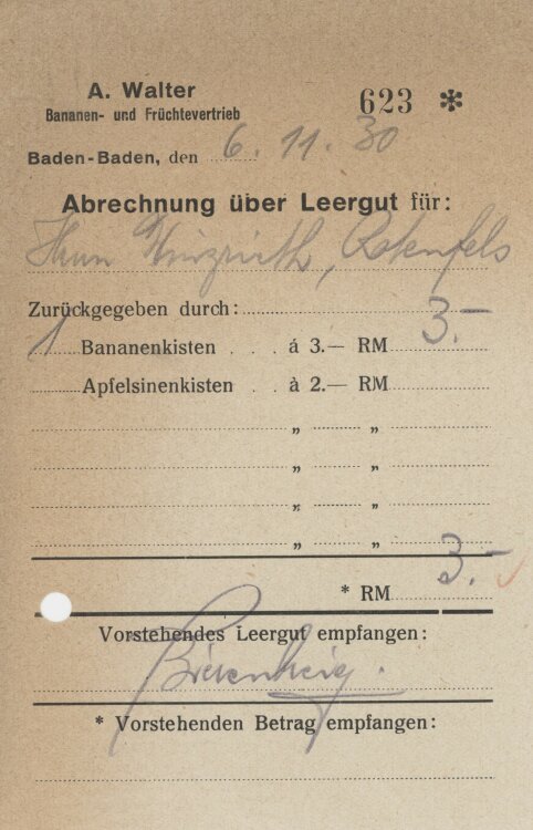 Firma M. Winzrieth (Kaufhaus)an A. Walter Bananen und Früchtevertrieb- Abrechnng - 06.11.1930