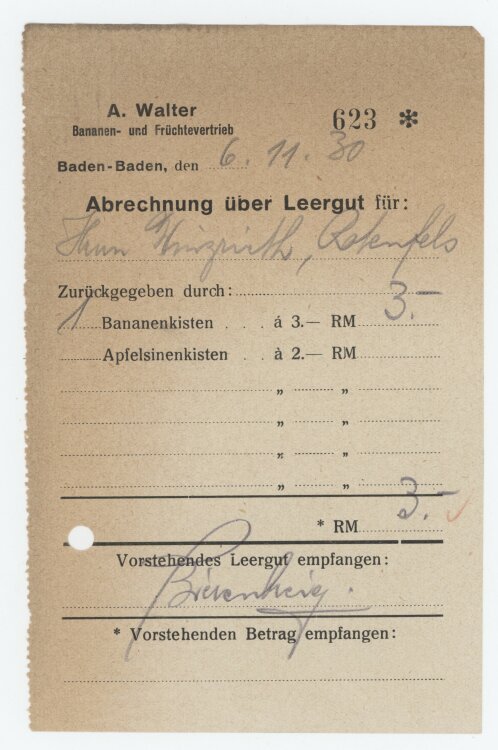 Firma M. Winzrieth (Kaufhaus)an A. Walter Bananen und Früchtevertrieb- Abrechnng - 06.11.1930