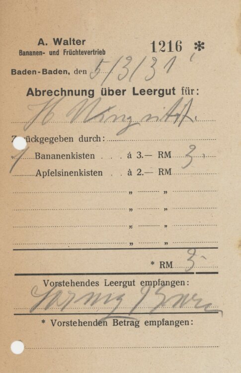 Firma M. Winzrieth (Kaufhaus)an A. Walter Bananen und Früchtevertrieb- Abrechnng - 05.03.1931