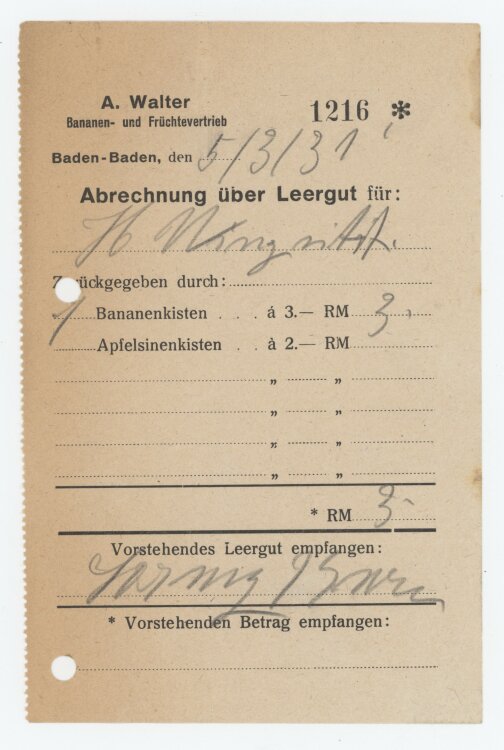 Firma M. Winzrieth (Kaufhaus)an A. Walter Bananen und Früchtevertrieb- Abrechnng - 05.03.1931