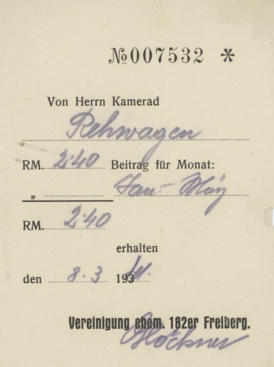 Rehwagenan Verein der ehem. 182er Freiberg- Beitragsquittung - 08.03.1941