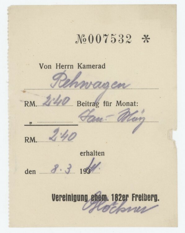 Rehwagenan Verein der ehem. 182er Freiberg- Beitragsquittung - 08.03.1941