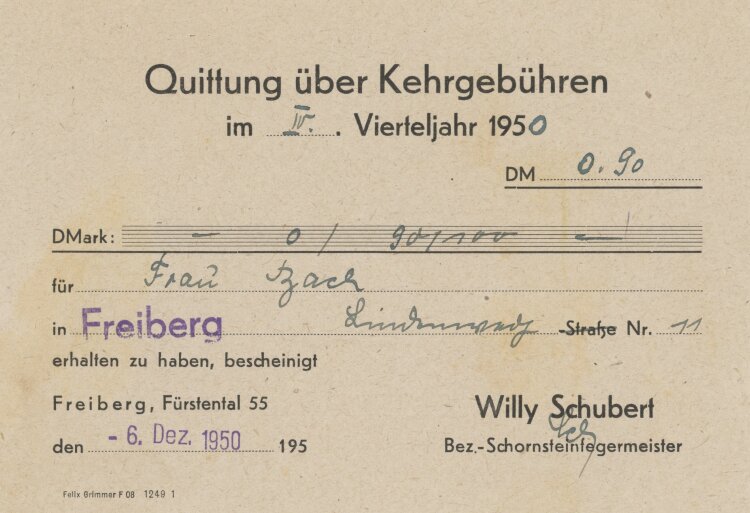 Willy Schubert Bezirks-Schornsteinfegermeister - Quittung - 06.12.1950