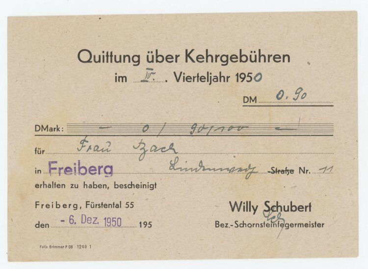 Willy Schubert Bezirks-Schornsteinfegermeister - Quittung...