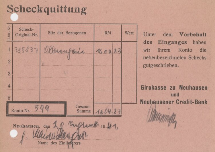 Girokasse zu Neuhausen und Neuhausener Credit-Bank - Scheckquittung - 20.09.1941