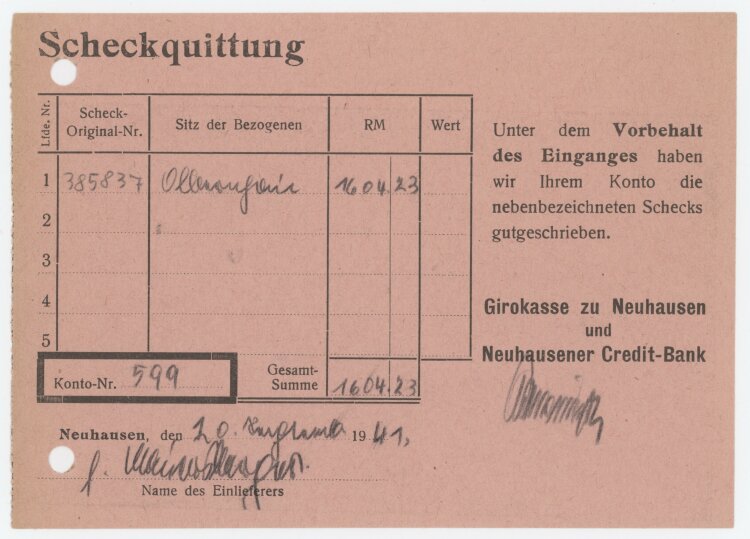 Girokasse zu Neuhausen und Neuhausener Credit-Bank - Scheckquittung - 20.09.1941