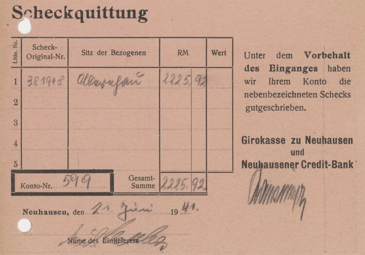 Girokasse zu Neuhausen und Neuhausener Credit-Bank - Scheckquittung - 21.06.1941