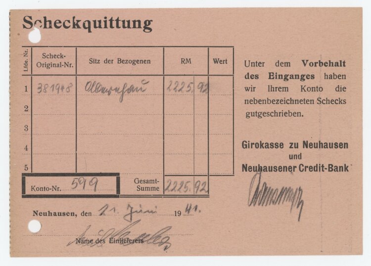 Girokasse zu Neuhausen und Neuhausener Credit-Bank - Scheckquittung - 21.06.1941