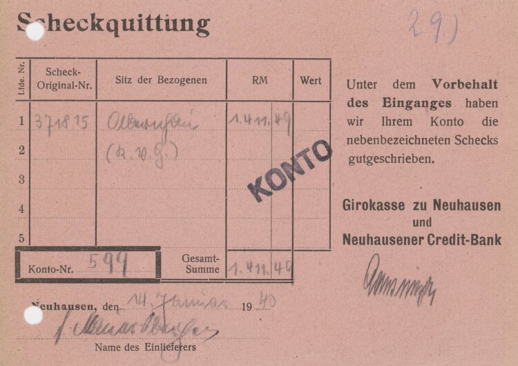 Girokasse zu Neuhausen und Neuhausener Credit-Bank - Scheckquittung - 14.01.1940