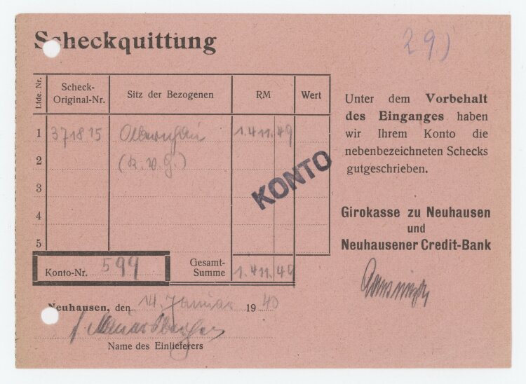 Girokasse zu Neuhausen und Neuhausener Credit-Bank - Scheckquittung - 14.01.1940