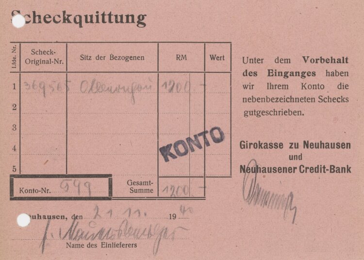 Girokasse zu Neuhausen und Neuhausener Credit-Bank - Scheckquittung - 14.01.1940