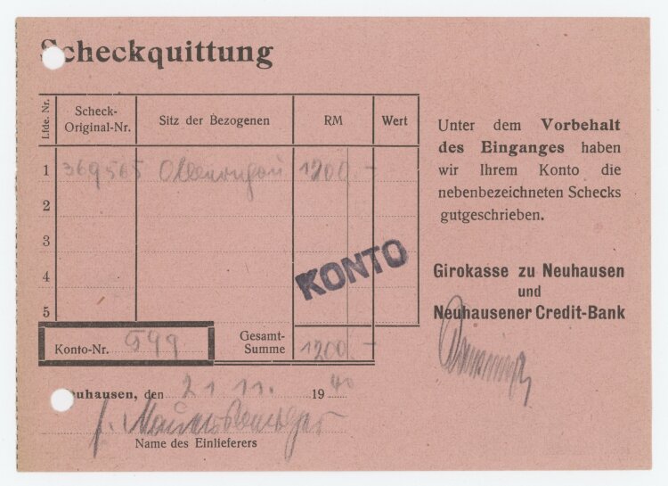 Girokasse zu Neuhausen und Neuhausener Credit-Bank - Scheckquittung - 14.01.1940