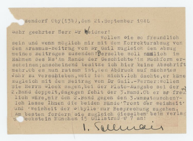 Josef Sellmair - Postkarte - 21.09.1946