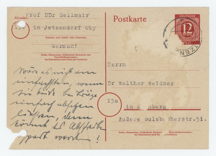 Josef Sellmair - Postkarte - 21.09.1946